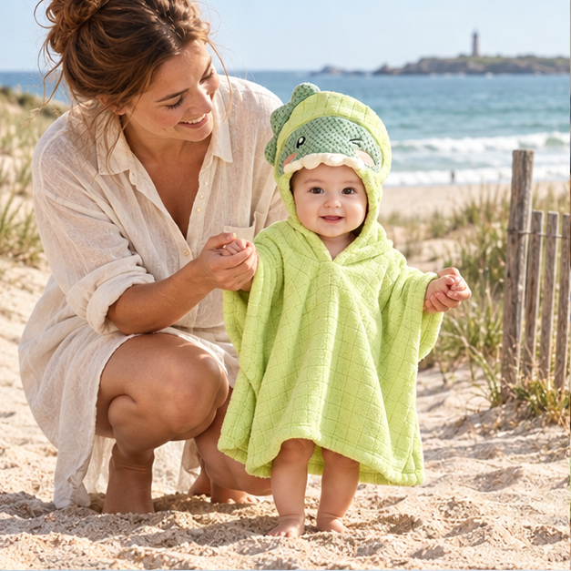 Poncho De Bain Dinosaure – Vert / Bébé, en situation sur la côte Atlantique