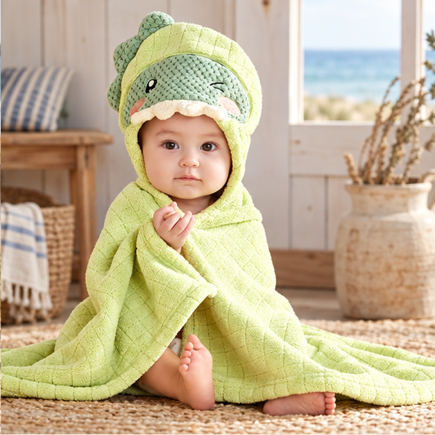 Poncho De Bain Dinosaure – Vert / Bébé, dans un intérieur côtier lumineux