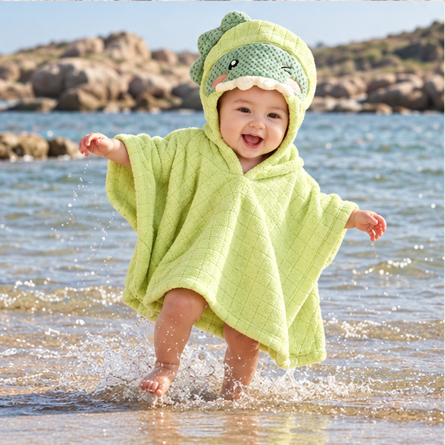 Poncho De Bain Dinosaure – Vert / Bébé, porté en mouvement au bord de l’océan
