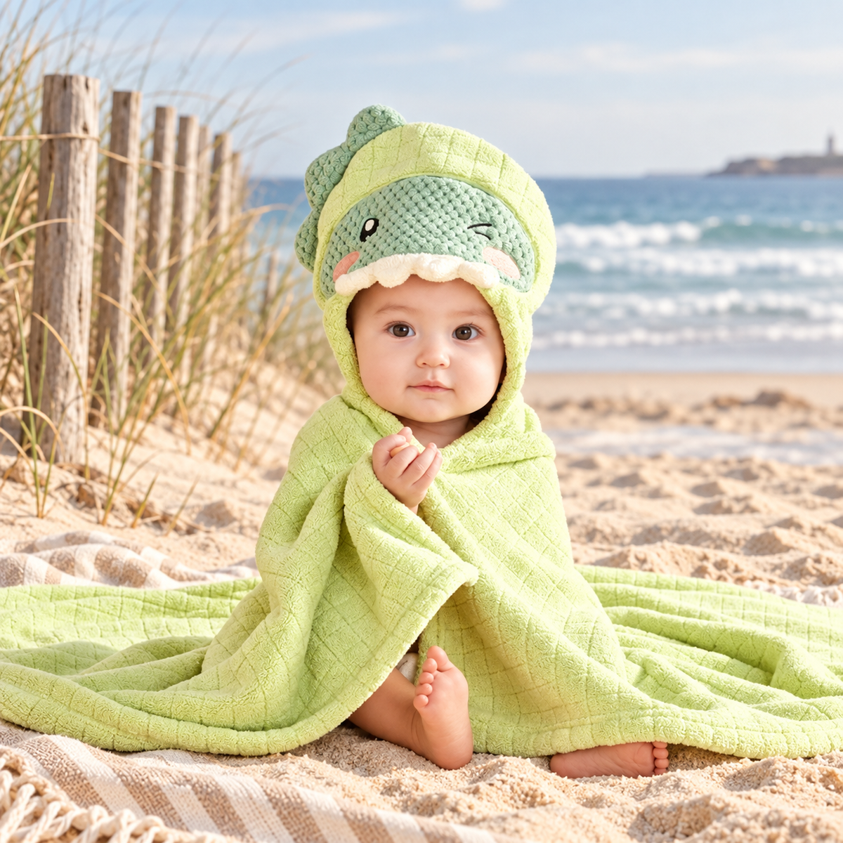 Poncho De Bain Dinosaure – Vert / Bébé, visuel principal lifestyle