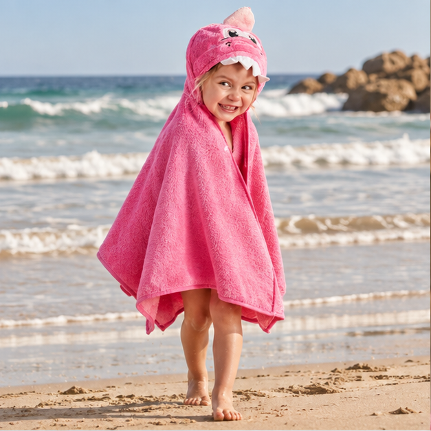 Poncho De Bain Dinosaure Rose – Rose / Bébé, en situation sur la côte Atlantique