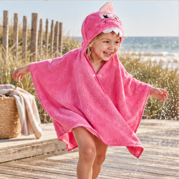 Poncho De Bain Dinosaure Rose – Rose / Bébé, porté en mouvement au bord de l’océan