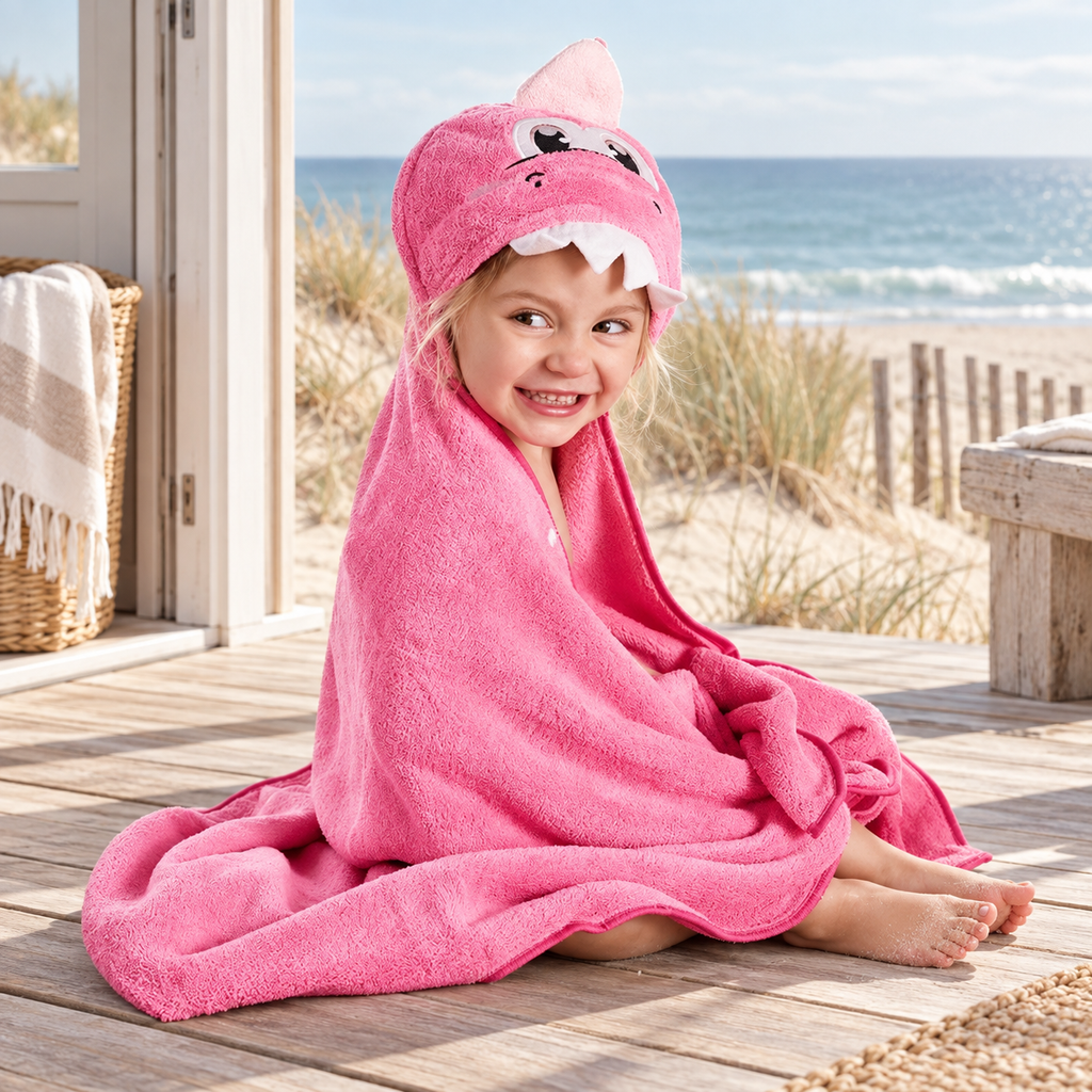 Poncho De Bain Dinosaure Rose – Rose / Bébé, visuel principal lifestyle