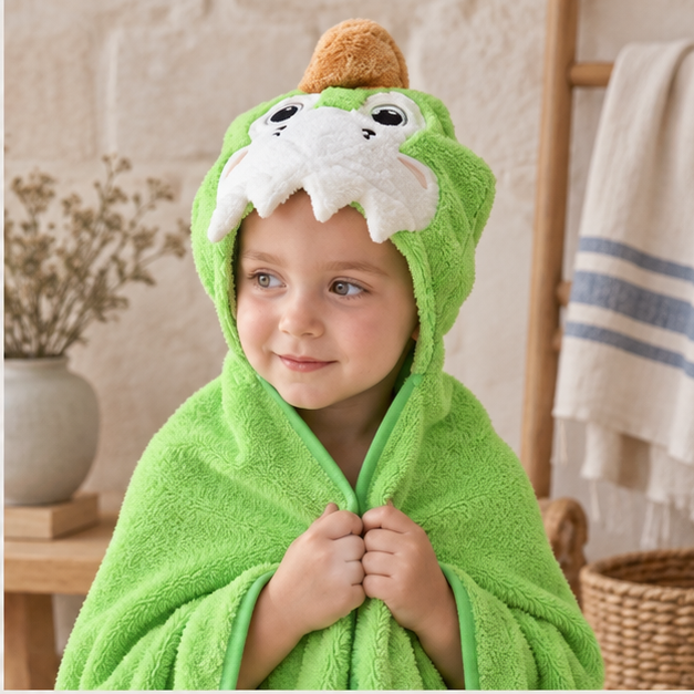 Poncho De Bain Dinosaure Vert – Vert / Bébé, dans un intérieur côtier lumineux