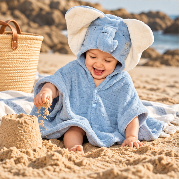 Poncho De Bain Éléphant Bébé – Bleu / Enfant, porté en mouvement au bord de l’océan