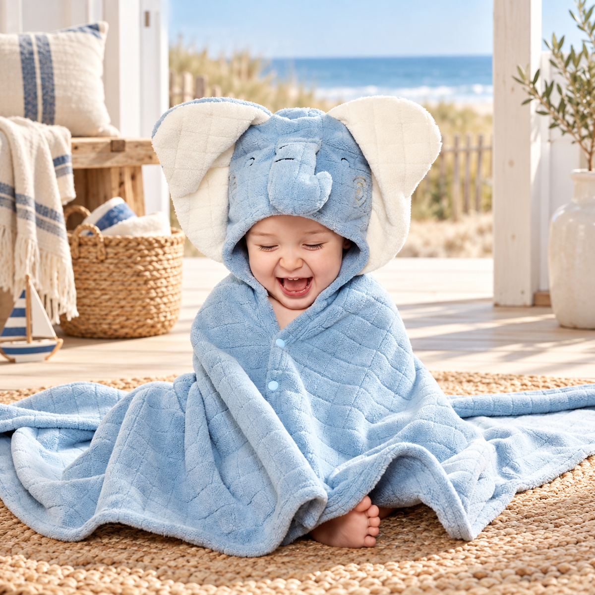 Poncho De Bain Éléphant Bébé – Bleu / Enfant, visuel principal lifestyle