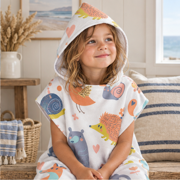 Poncho De Bain Enfant Animaux de La Forêt – Blanc / Enfant, dans un intérieur côtier lumineux