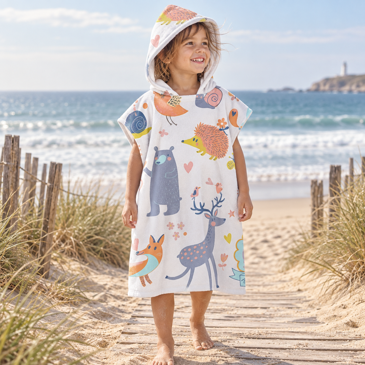Poncho De Bain Enfant Animaux de La Forêt – Blanc / Enfant, visuel principal lifestyle
