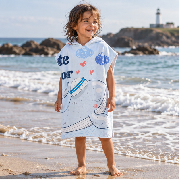 Poncho De Bain Enfant Baleine Marine – Bleu Clair / Enfant, en situation sur la côte Atlantique