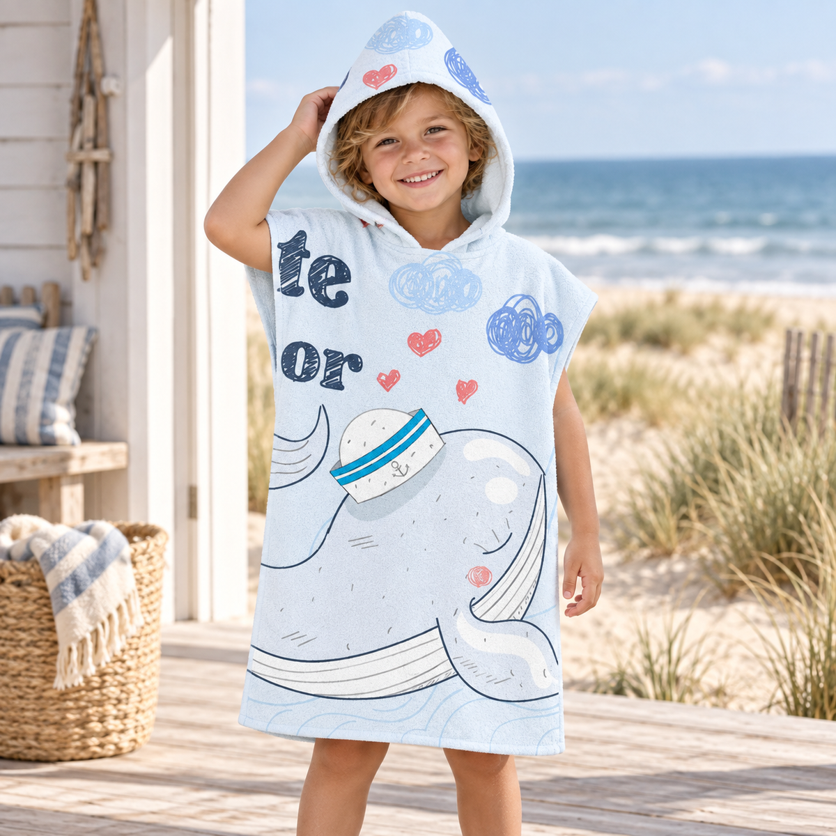 Poncho De Bain Enfant Baleine Marine – Bleu Clair / Enfant, visuel principal lifestyle
