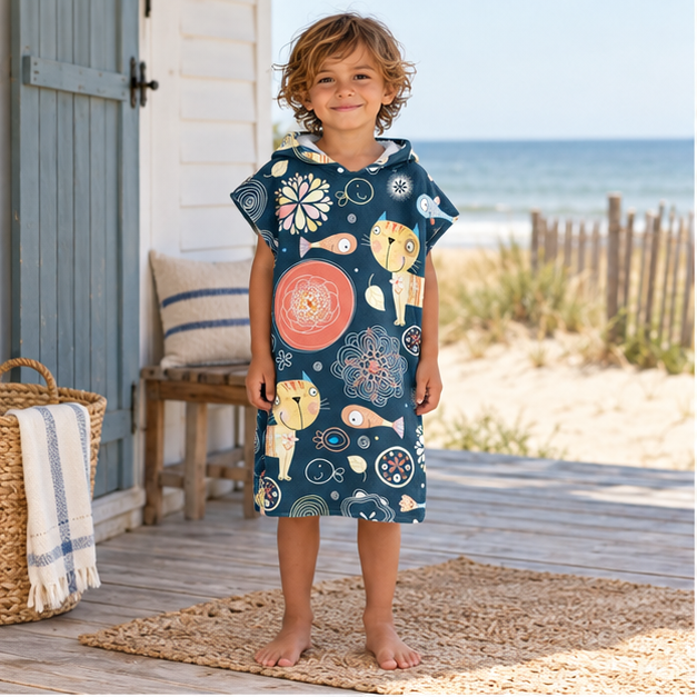 Poncho De Bain Enfant Chat Et Poisson – Bleu Foncé / Enfant, en situation sur la côte Atlantique