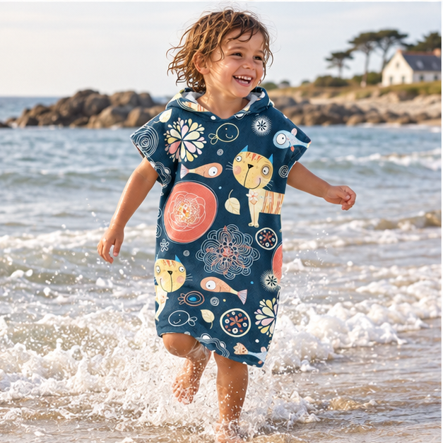 Poncho De Bain Enfant Chat Et Poisson – Bleu Foncé / Enfant, porté en mouvement au bord de l’océan