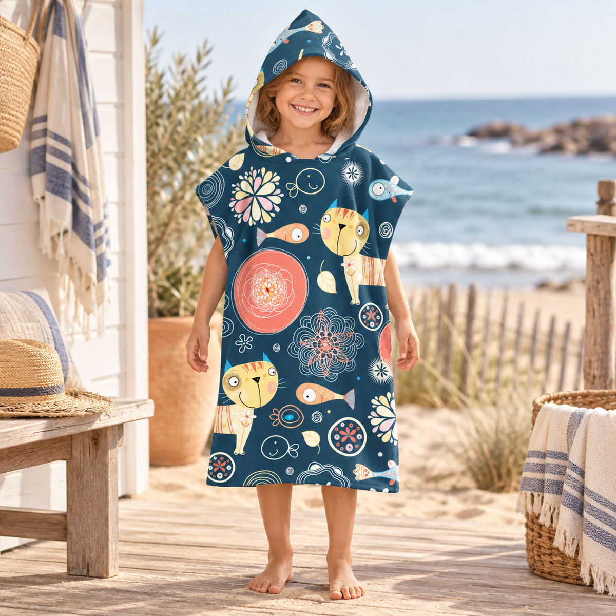Poncho De Bain Enfant Chat Et Poisson – Bleu Foncé / Enfant, visuel principal lifestyle