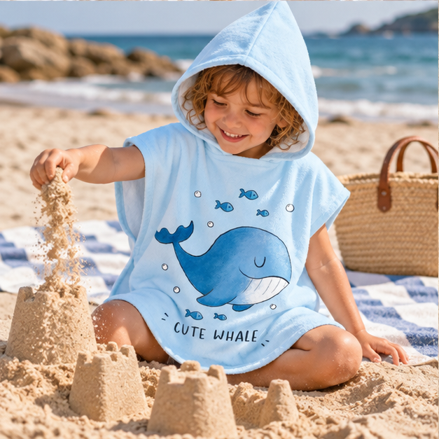 Poncho De Bain Enfant Cute Whale – Bleu / Enfant, porté en mouvement au bord de l’océan