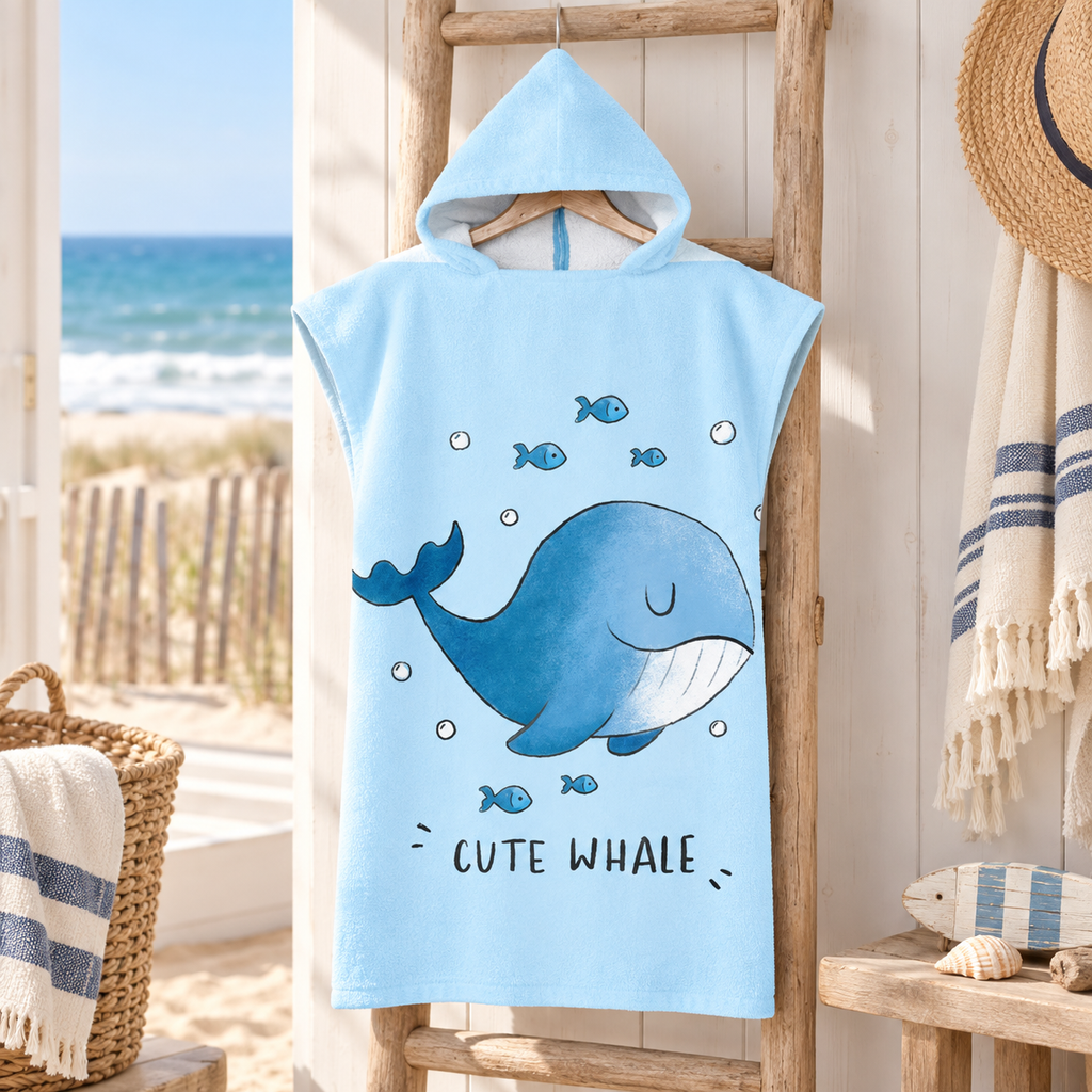 Poncho De Bain Enfant Cute Whale – Bleu / Enfant, visuel principal lifestyle