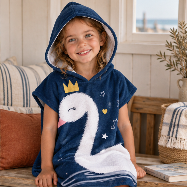 Poncho De Bain Enfant Cygne – Bleu Foncé / Enfant, dans un intérieur côtier lumineux