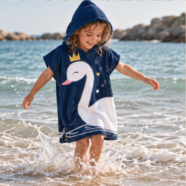 Poncho De Bain Enfant Cygne – Bleu Foncé / Enfant, porté en mouvement au bord de l’océan
