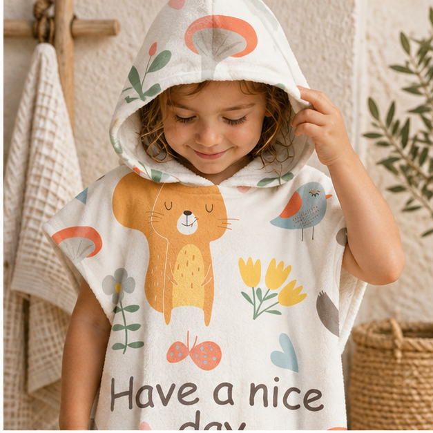 Poncho De Bain Enfant Have A Nice Day – Blanc / Enfant, dans un intérieur côtier lumineux