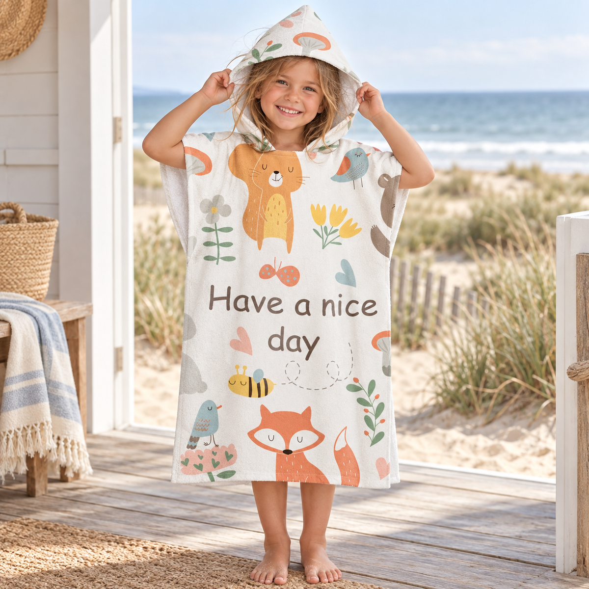 Poncho De Bain Enfant Have A Nice Day – Blanc / Enfant, visuel principal lifestyle
