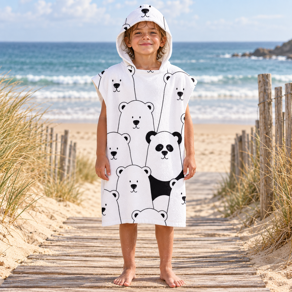 Poncho De Bain Enfant Ours et Panda – Blanc / Enfant, visuel principal lifestyle