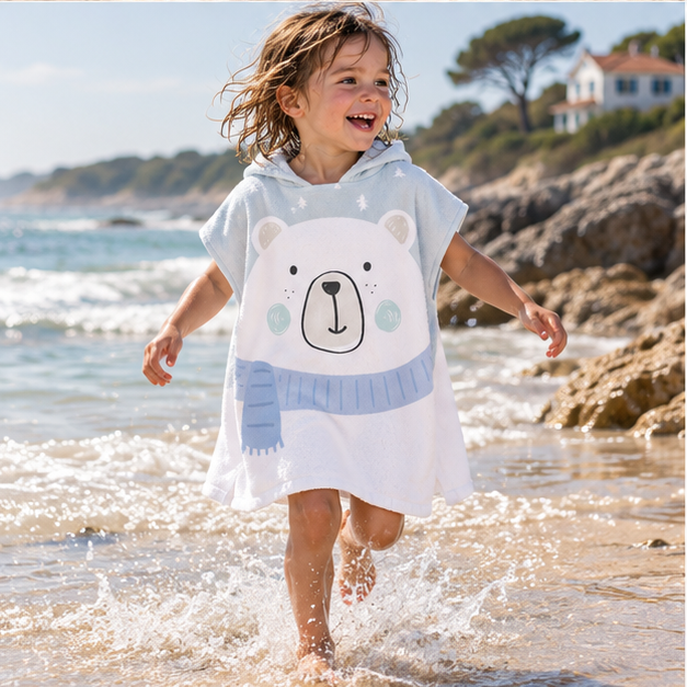 Poncho De Bain Enfant Ours Polaire – Blanc / Enfant, porté en mouvement au bord de l’océan