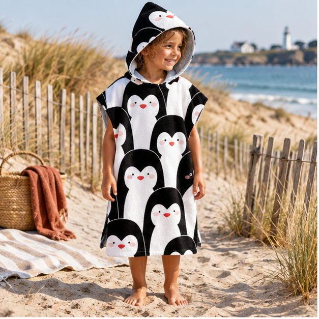 Poncho De Bain Enfant Pingouin – Blanc / Enfant, en situation sur la côte Atlantique