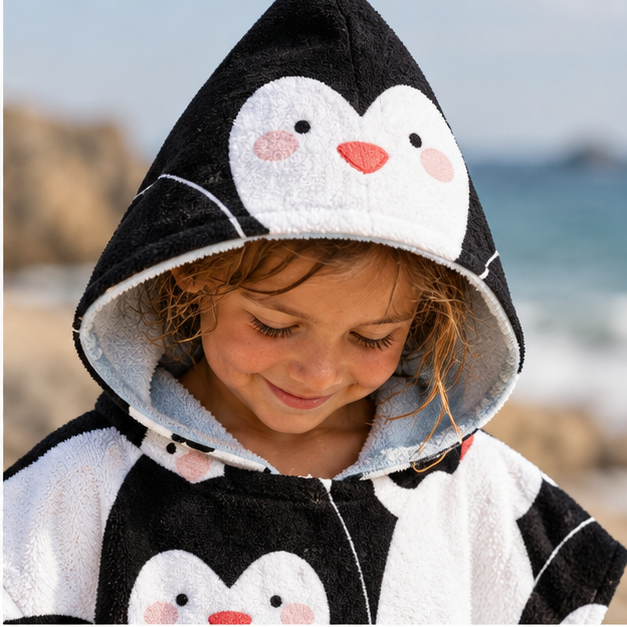 Poncho De Bain Enfant Pingouin – Blanc / Enfant, dans un intérieur côtier lumineux