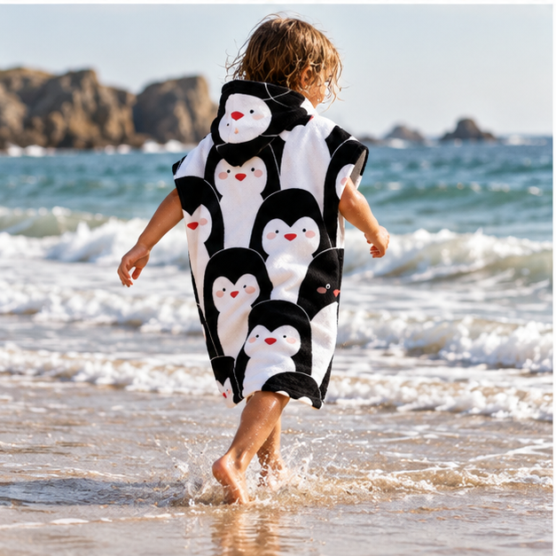 Poncho De Bain Enfant Pingouin – Blanc / Enfant, porté en mouvement au bord de l’océan