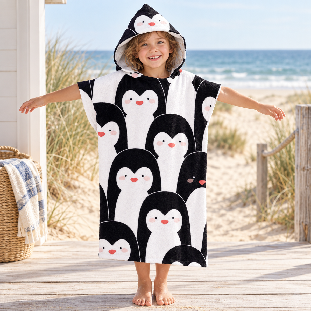 Poncho De Bain Enfant Pingouin – Blanc / Enfant, visuel principal lifestyle