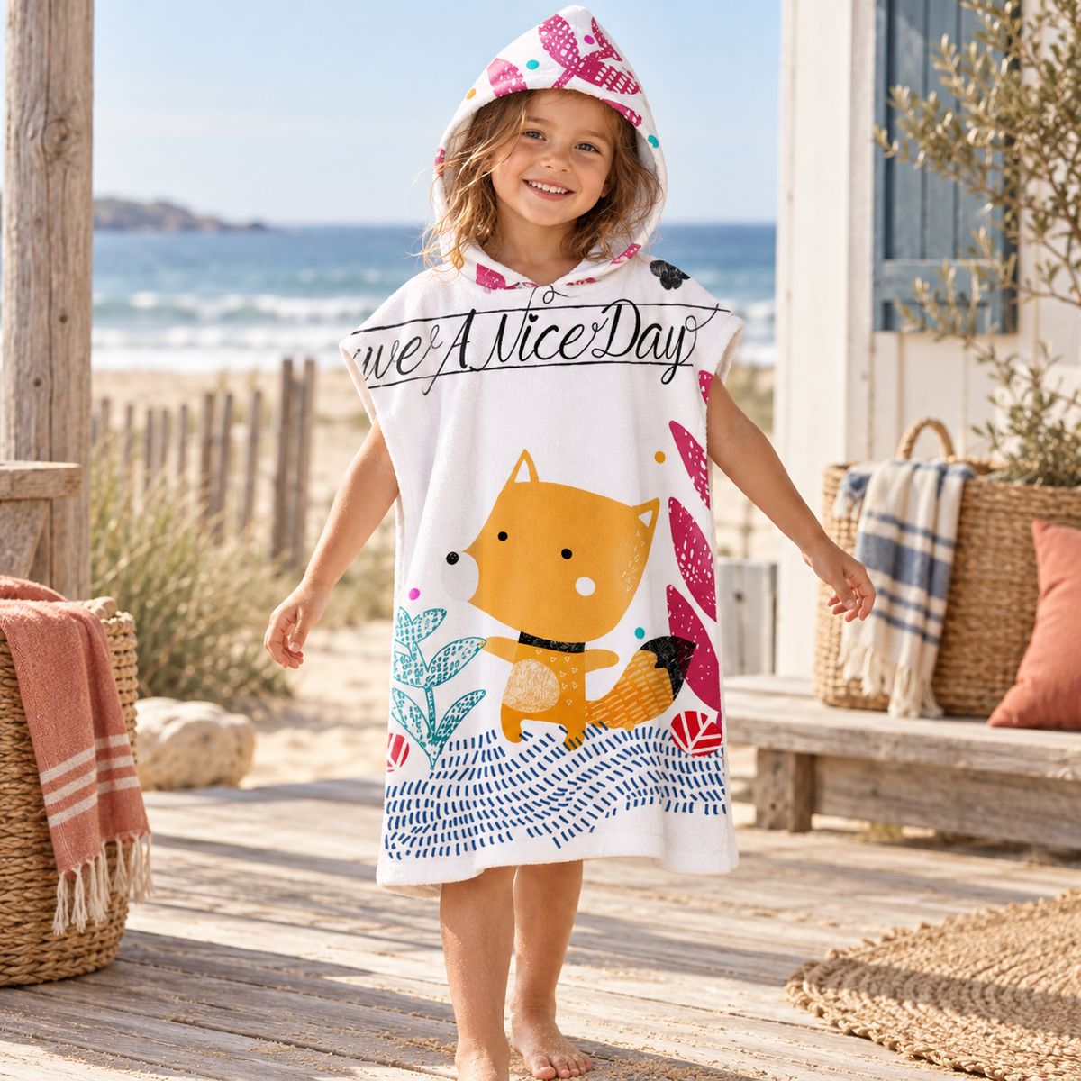 Poncho De Bain Enfant Renard – Blanc / Enfant, visuel principal lifestyle