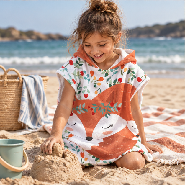 Poncho De Bain Enfant Renard Endormi – Bleu Clair / Enfant, porté en mouvement au bord de l’océan