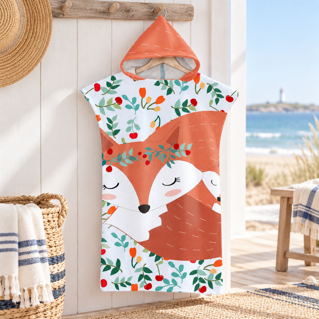 Poncho De Bain Enfant Renard Endormi – Bleu Clair / Enfant, visuel principal lifestyle