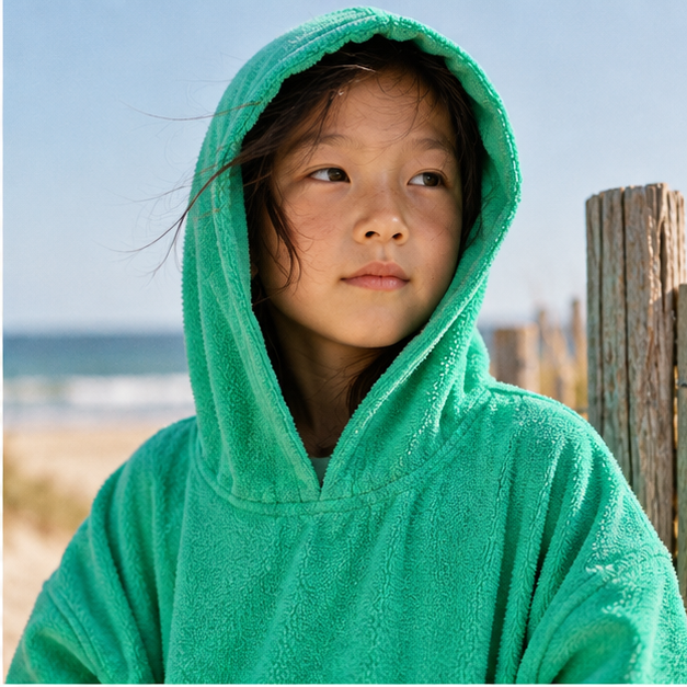 Poncho De Bain Enfant Vert – Vert / Enfant, dans un intérieur côtier lumineux