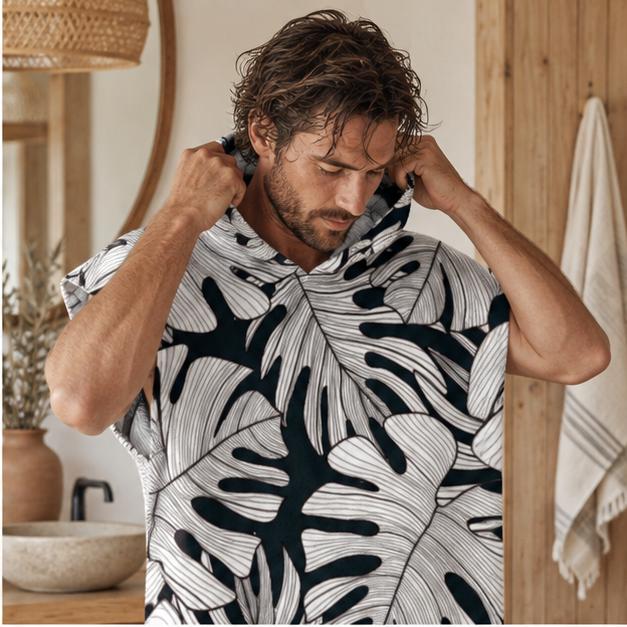 Poncho De Bain Feuilles Noir et Blanc – Blanc / Adulte, dans un intérieur côtier lumineux