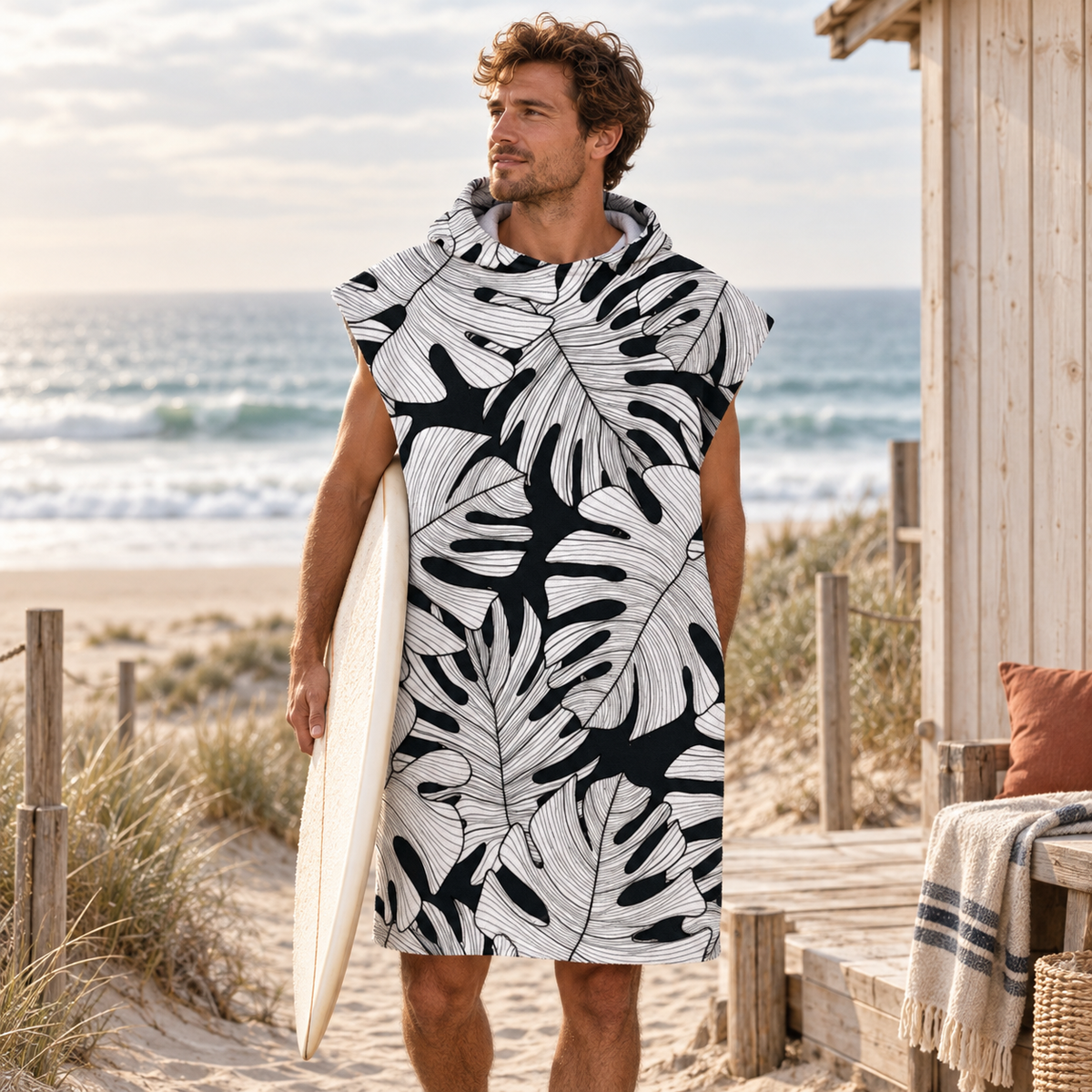 Poncho De Bain Feuilles Noir et Blanc – Blanc / Adulte, visuel principal lifestyle