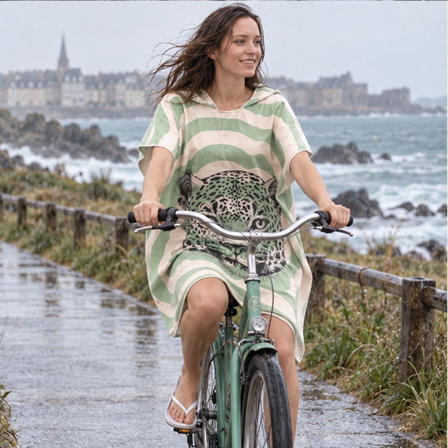 Poncho De Bain Jaguar – Beige / Adulte, porté en mouvement au bord de l’océan