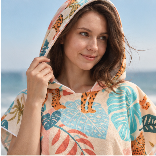 Poncho De Bain Léopard – Beige / Adulte, dans un intérieur côtier lumineux