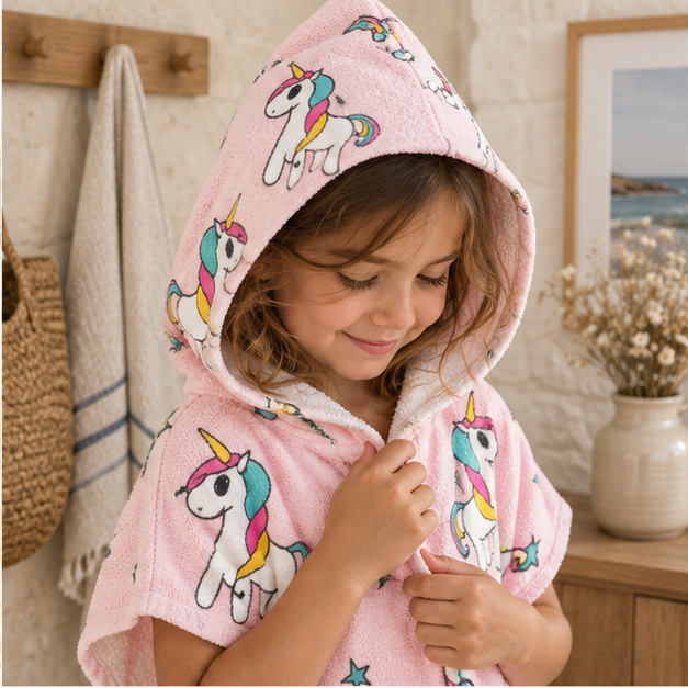 Poncho De Bain Licorne – Rose / Enfant, dans un intérieur côtier lumineux
