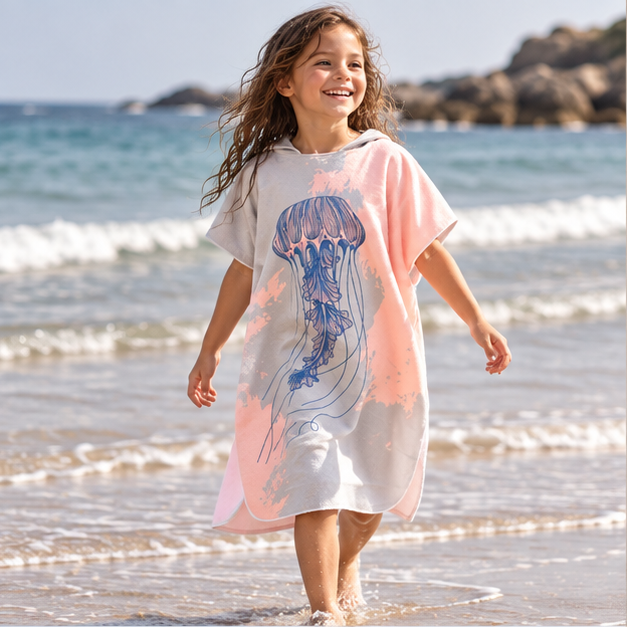 Poncho De Bain Méduse – Gris / Adulte, en situation sur la côte Atlantique