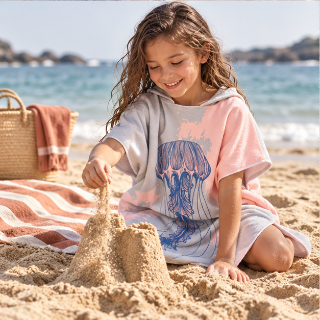 Poncho De Bain Méduse – Gris / Adulte, porté en mouvement au bord de l’océan