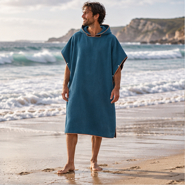 Poncho De Bain Microfibre – Bleu Marine / Adulte, en situation sur la côte Atlantique
