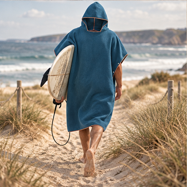 Poncho De Bain Microfibre – Bleu Marine / Adulte, porté en mouvement au bord de l’océan