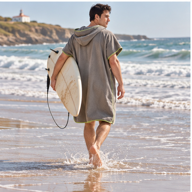 Poncho De Bain Microfibre – Gris / Adulte, porté en mouvement au bord de l’océan