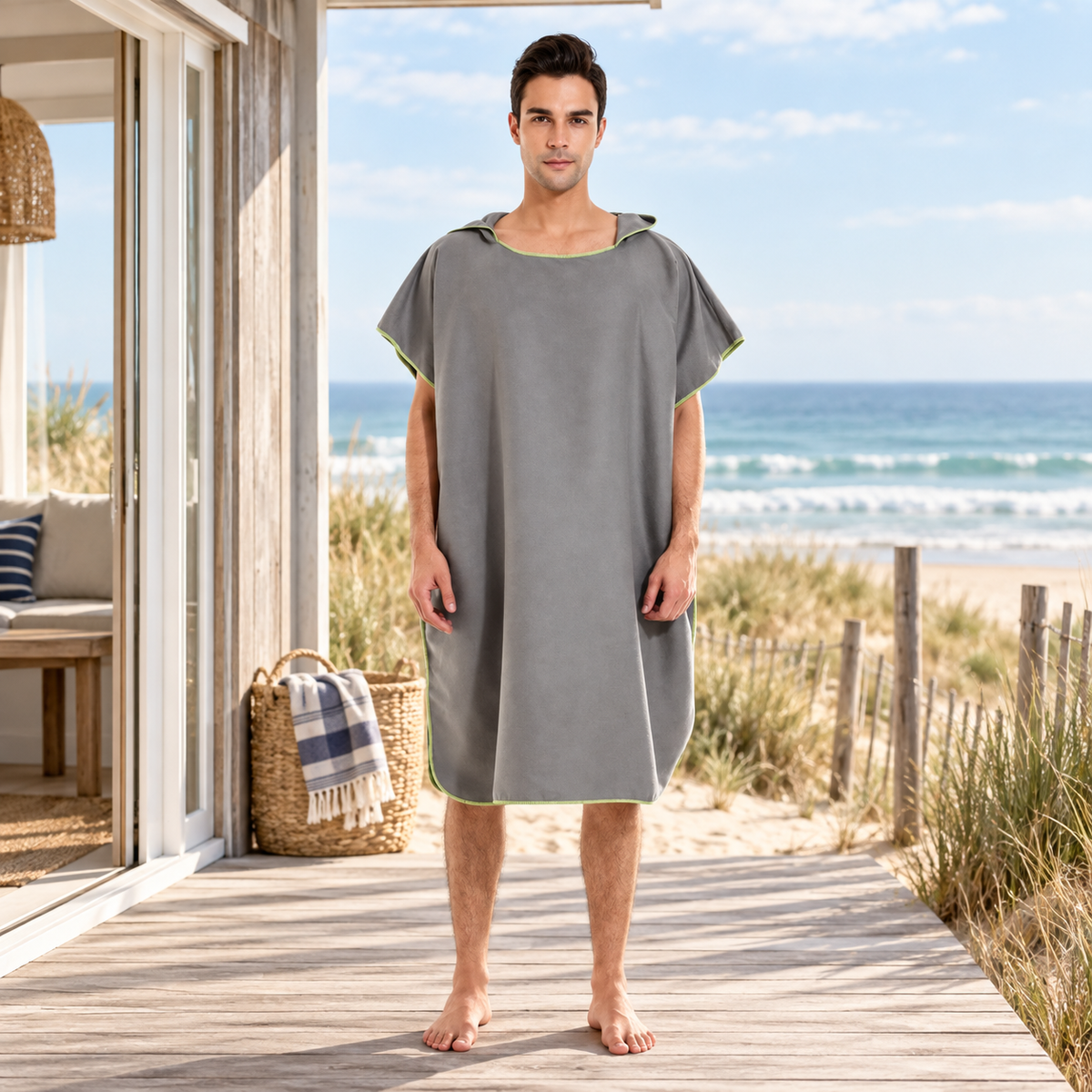 Poncho De Bain Microfibre – Gris / Adulte, visuel principal lifestyle