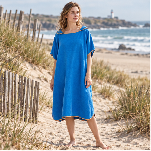 Poncho De Bain Microfibre – Bleu / Adulte, en situation sur la côte Atlantique