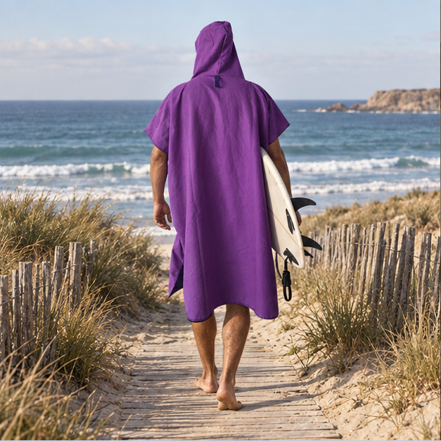 Poncho De Bain Microfibre – Violet / Adulte, en situation sur la côte Atlantique