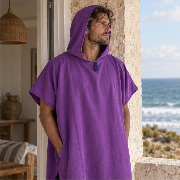 Poncho De Bain Microfibre – Violet / Adulte, dans un intérieur côtier lumineux