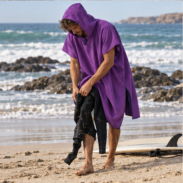 Poncho De Bain Microfibre – Violet / Adulte, porté en mouvement au bord de l’océan
