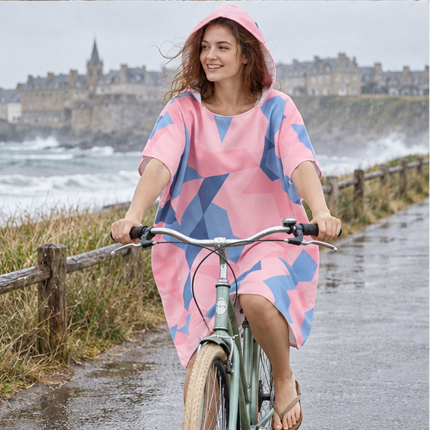 Poncho De Bain Motifs Géométriques – Rose / Adulte, porté en mouvement au bord de l’océan