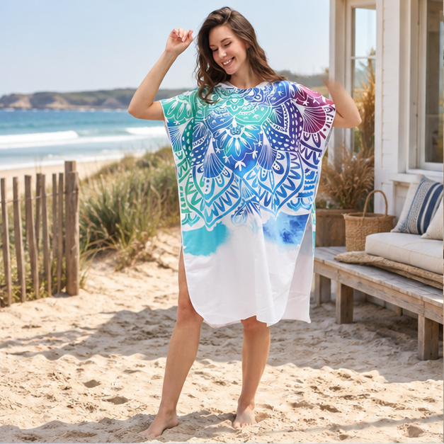 Poncho De Bain Motifs Méditation – Blanc / Adulte, en situation sur la côte Atlantique